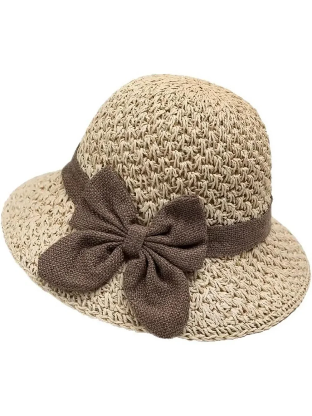 Chic Retro Woven Straw Hat with Ruffled Bow - Foldable, Breathable Sun